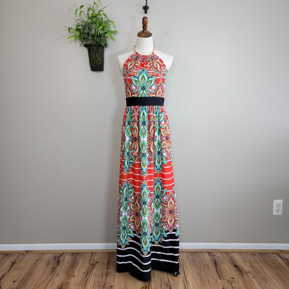 Eliza J 8 Halter Maxi Dress Necklace Chain Floral Paisley Stripe Red Black